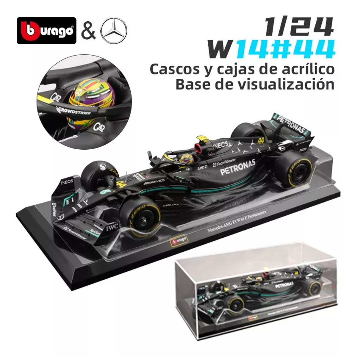 Bburago-Coche de juguete Fórmula Uno, 1:24, Mercedes AMG Team W14 44 # Hamilton