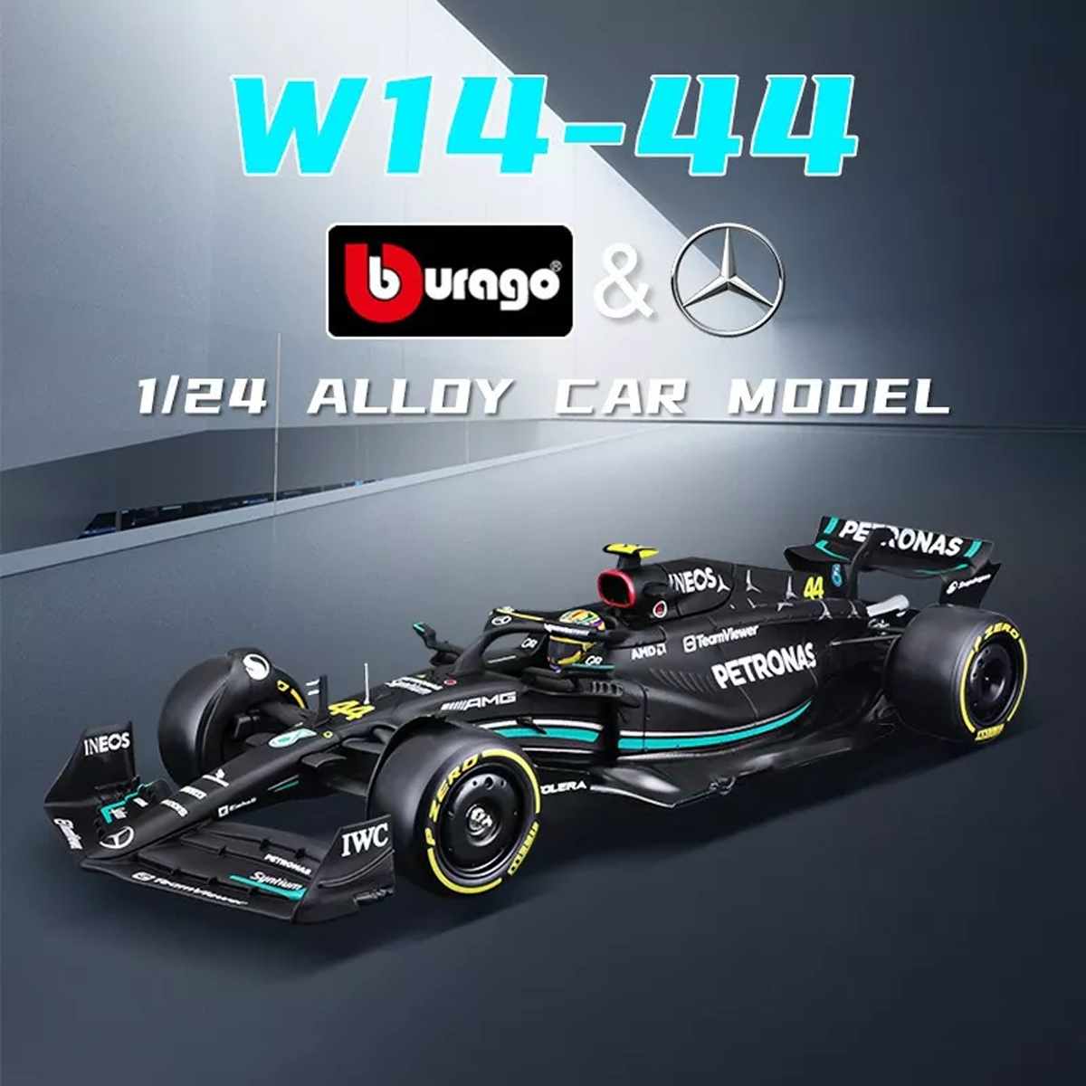 Bburago-Coche de juguete Fórmula Uno, 1:24, Mercedes AMG Team W14 44 # Hamilton