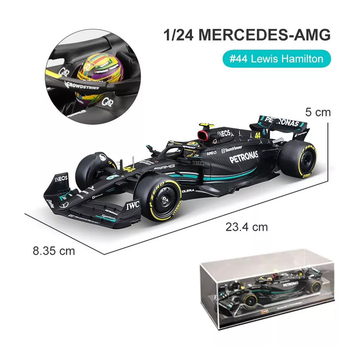 Bburago-Coche de juguete Fórmula Uno, 1:24, Mercedes AMG Team W14 44 # Hamilton