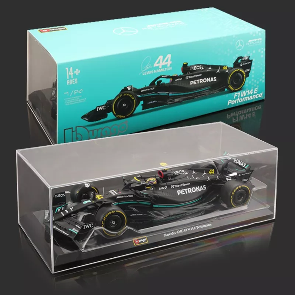 Bburago-Coche de juguete Fórmula Uno, 1:24, Mercedes AMG Team W14 44 # Hamilton